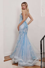 CD CC2279 - Glitter Print Tulle Mermaid Style Prom Gown with V-Neck & Lace Up Corset Back PROM GOWN Cinderella Divine 2 BLUE 