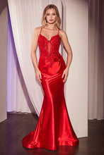 CD CC2401 - Satin Fit & Flare Prom Gown with Sheer Beaded Lace Bodice & Open Lace detailed Back PROM GOWN Cinderella Divine 0 Red