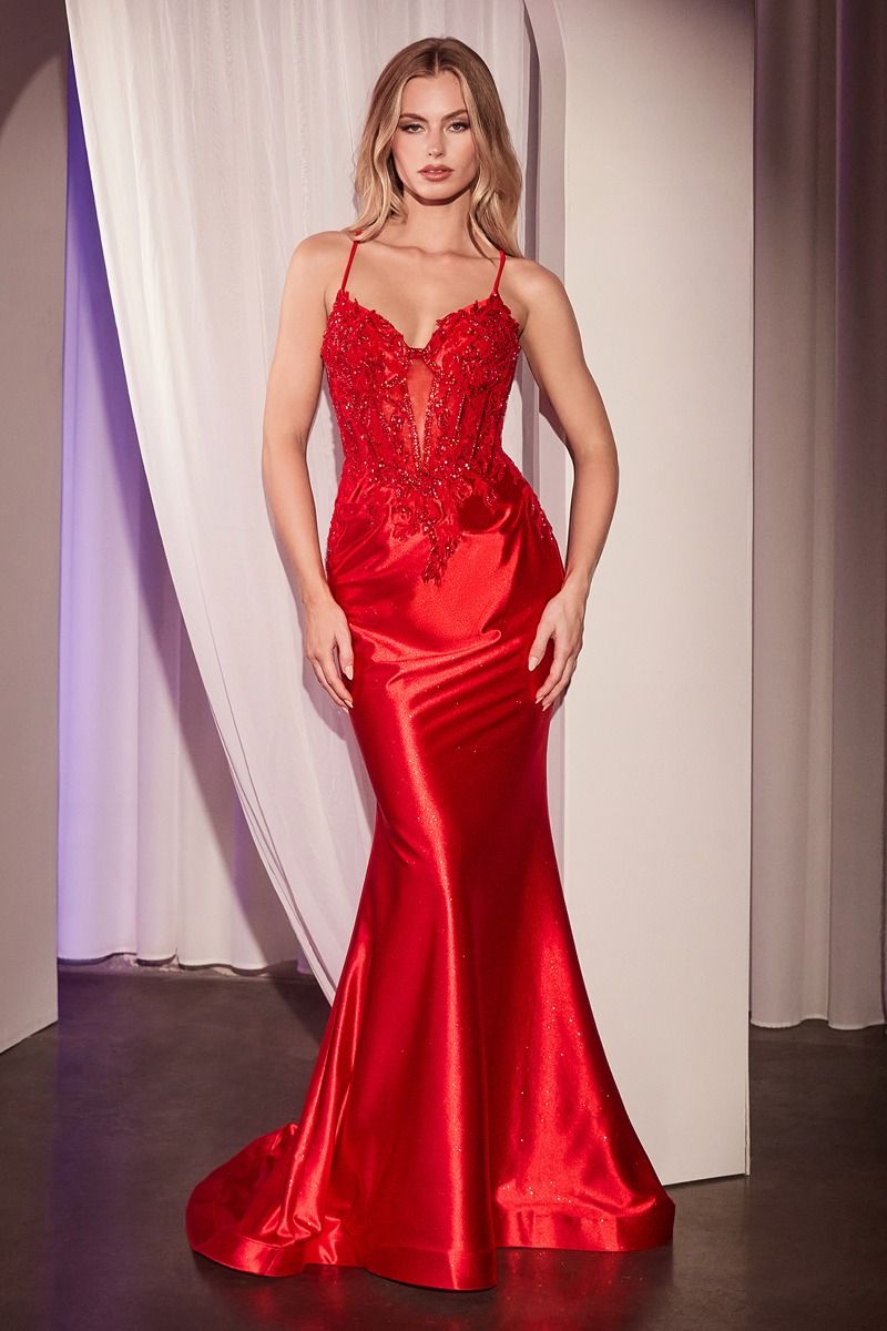 CD CC2401 - Satin Fit & Flare Prom Gown with Sheer Beaded Lace Bodice & Open Lace detailed Back PROM GOWN Cinderella Divine 0 Red