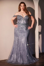 CD CC341C - Plus Size Off the Shoulder Bead Embellished Fit & Flare Prom Gown with Sheer Beaded Bodice PROM GOWN Cinderella Divine 18 Smoky Blue