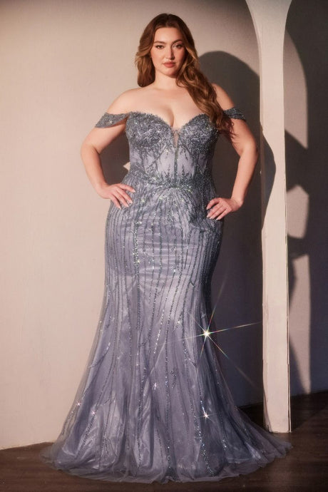 CD CC341C - Plus Size Off the Shoulder Bead Embellished Fit & Flare Prom Gown with Sheer Beaded Bodice PROM GOWN Cinderella Divine 18 Smoky Blue