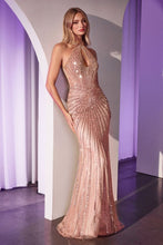 CD CC404 - Sequin Embellished Halter Fit & Flare Prom Gown with Keyhole Bodice Leg Slit & Halter Style Back PROM GOWN Cinderella Divine 0 Mocha Gold