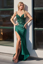 CD CD0106 - Stretch Glitter Satin Fit & Flare Prom Gown with Embellished Beaded Lace Bodice & Leg Slit PROM GOWN Cinderella Divine 0 Emerald