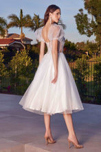 CD CD0187W - Tea Length Shimmering Tulle Wedding Dress with Sheer Boned Applique Embellished Bodice & Optional Puff Sleeves Wedding Gown Cinderella Divine   