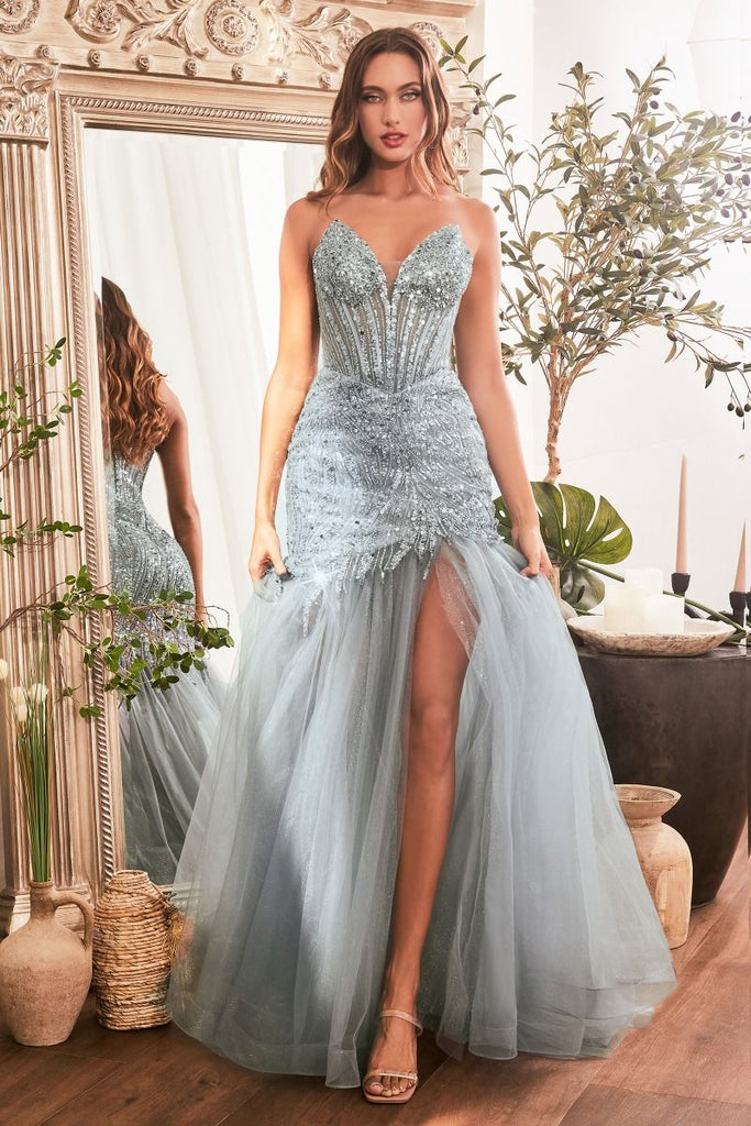 CD CD0214 - Strapless Beaded Mermaid Prom Gown with Sheer Boned Corset   Diggz Formals