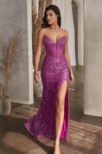 CD CD0227 - Strapless Full Sequin Fit & Flare Prom Gown with Sheer Boned Corset Bodice Leg Slit & Lace Up Corset Back PROM GOWN Cinderella Divine 6 AMETHYST 