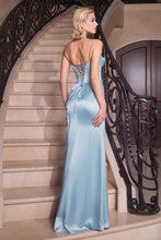 CD CD306 - Stretch Satin Fit & Flare Prom Gown with Embellished Corset Bodice Lace Up Back & Leg Slit PROM GOWN Cinderella Divine   