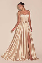 CD CD337C - Plus Size Satin A-Line Prom Gown with Boned Corset Bodice Open Lace Up Back & Leg Slit PROM GOWN Cinderella Divine 18 Champagne