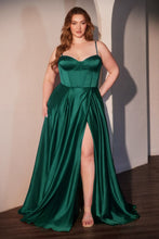 CD CD337C - Plus Size Satin A-Line Prom Gown with Boned Corset Bodice Open Lace Up Back & Leg Slit PROM GOWN Cinderella Divine 18 Emerald