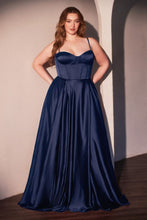 CD CD337C - Plus Size Satin A-Line Prom Gown with Boned Corset Bodice Open Lace Up Back & Leg Slit PROM GOWN Cinderella Divine 18 Navy