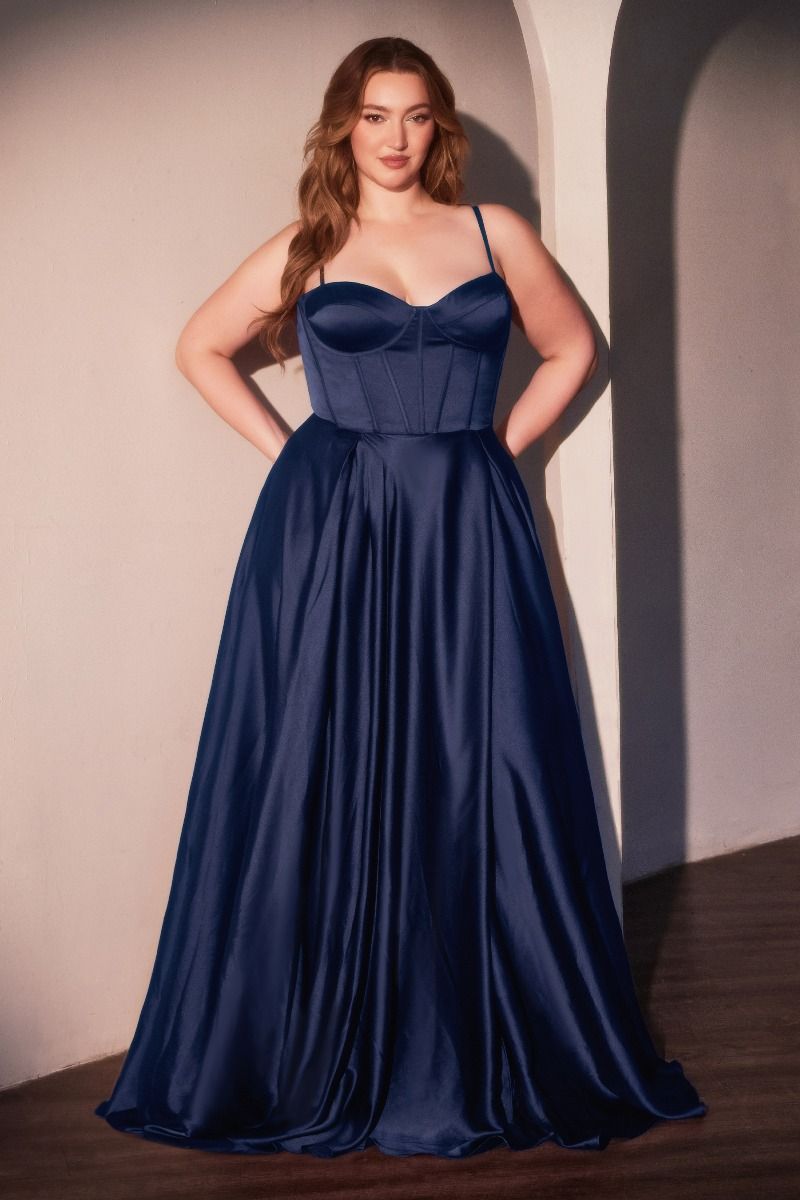 CD CD337C - Plus Size Satin A-Line Prom Gown with Boned Corset Bodice Open Lace Up Back & Leg Slit PROM GOWN Cinderella Divine 18 Navy