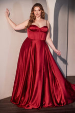 CD CD337C - Plus Size Satin A-Line Prom Gown with Boned Corset Bodice Open Lace Up Back & Leg Slit PROM GOWN Cinderella Divine 18 Red
