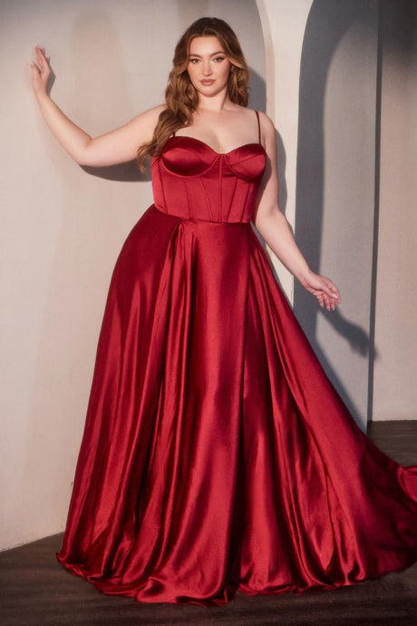 CD CD337C - Plus Size Satin A-Line Prom Gown with Boned Corset Bodice Open Lace Up Back & Leg Slit PROM GOWN Cinderella Divine 18 Red