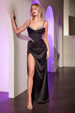 CD CD375 - Satin Cut Out Fit & Flare Prom Gown with Boned Bead Trimmed Bodice Leg Slit & Lace Up Corset Backl PROM GOWN Cinderella Divine 0 Black