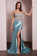 CD CD775 - Stretch Satin Fit & Flare Prom Gown with Sheer Bead Embellished Bodice & Leg Slit PROM GOWN Cinderella Divine 0 Robin Blue