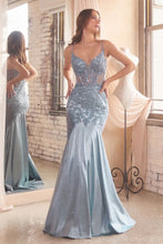 CDS470 - Lace Over Glittery Stretch Satin Mermaid Prom Gown Sheer Corset Bodice & Lace Adorned Cut-Out Side Panels PROM GOWN Cinderella Divine 4 DUSTY BLUE