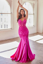 CDS470 - Lace Over Glittery Stretch Satin Mermaid Prom Gown Sheer Corset Bodice & Lace Adorned Cut-Out Side Panels PROM GOWN Cinderella Divine 2 FUCHSIA