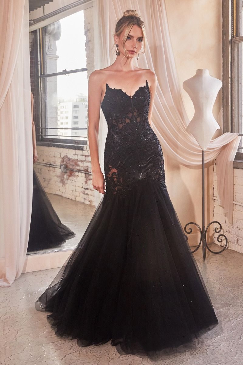 CD CDS482 - Strapless Lace Embellished Mermaid Prom Gown with Sheer Bodice & Sheer Lace Embellished Sides PROM GOWN Cinderella Divine 2 BLACK