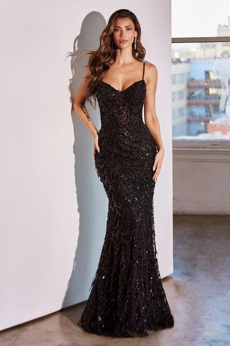 CD CDS486 - Fully Embellished Black Fit & Flare Prom Gown with Drape Beading & Sheer V-Neck Bodice PROM GOWN Cinderella Divine 10 BLACK 