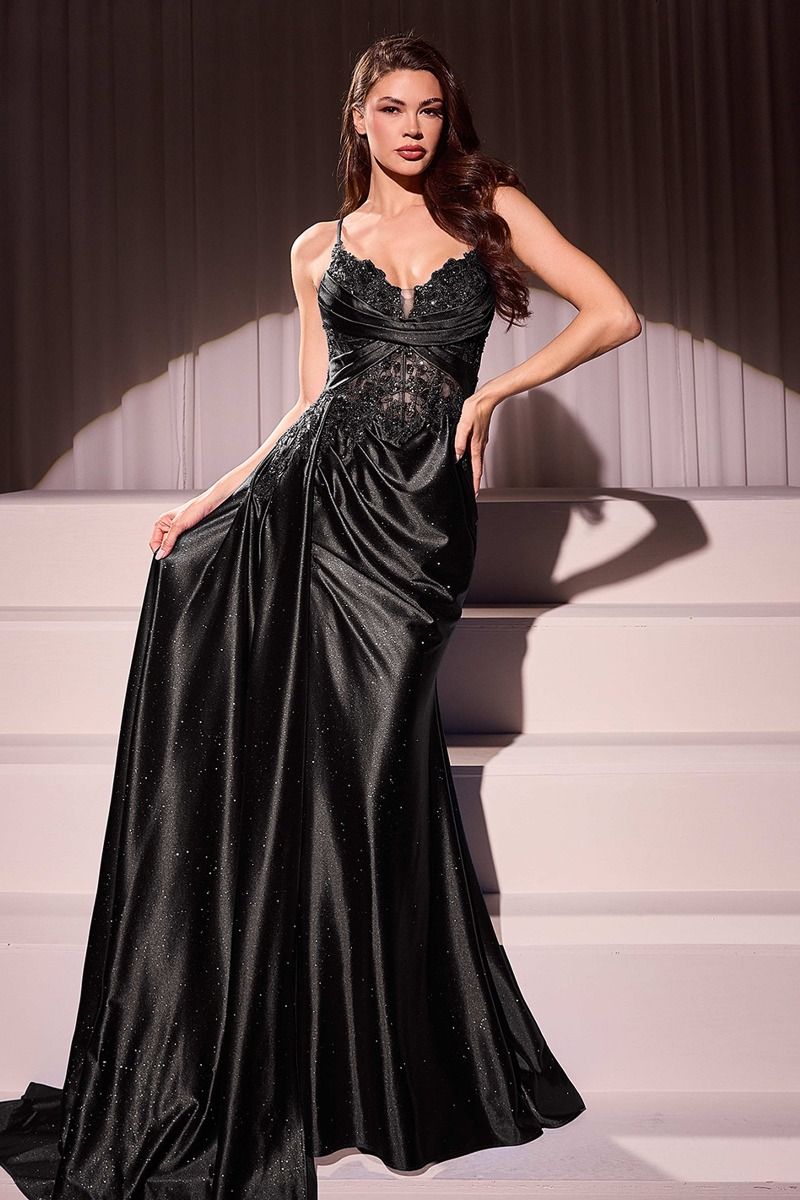 CD CDS524 - Satin Fit & Flare Prom Gown with Beaded Lace Embellished Bodice Leg Slit & Side Sash PROM GOWN Cinderella Divine 0 Black