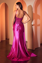 CD CDS524 - Satin Fit & Flare Prom Gown with Beaded Lace Embellished Bodice Leg Slit & Side Sash PROM GOWN Cinderella Divine