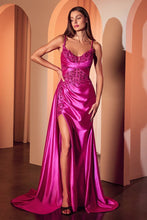 CD CDS524 - Satin Fit & Flare Prom Gown with Beaded Lace Embellished Bodice Leg Slit & Side Sash PROM GOWN Cinderella Divine 0 Fuchsia