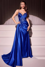 CD CDS524 - Satin Fit & Flare Prom Gown with Beaded Lace Embellished Bodice Leg Slit & Side Sash PROM GOWN Cinderella Divine 0 Royal Blue