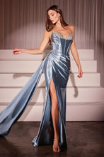 CD CDS526 - Strapless Crystal Embellished Stretch Satin Fit & Flare Prom Gown with Bead Trimmed Bodice Leg Slit & Side Sash PROM GOWN Cinderella Divine 0 Dusty Blue