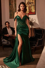 CD CDS532 - Off the Shoulder Stretch Satin Fit & Flare Prom Gown with Sheer Beaded Lace Bodice Leg Slit & Side Sash PROM GOWN Cinderella Divine 6 Emerald