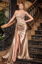 CD CDS532 - Off the Shoulder Stretch Satin Fit & Flare Prom Gown with Sheer Beaded Lace Bodice Leg Slit & Side Sash PROM GOWN Cinderella Divine 6 Mocha Gold