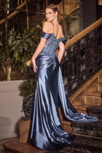 CD CDS532 - Off the Shoulder Stretch Satin Fit & Flare Prom Gown with Sheer Beaded Lace Bodice Leg Slit & Side Sash PROM GOWN Cinderella Divine