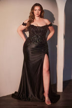 CD CDS537C - Plus Size Off the Shoulder Fit & Flare Prom Gown with Sheer Bead Embellished Bodice Lace Up Corset Back & Leg Slit PROM GOWN Cinderella Divine