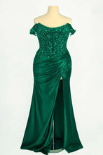 CD CDS537C - Plus Size Off the Shoulder Fit & Flare Prom Gown with Sheer Bead Embellished Bodice Lace Up Corset Back & Leg Slit PROM GOWN Cinderella Divine 16 Emerald