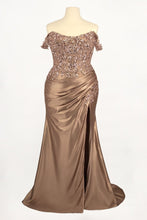 CD CDS537C - Plus Size Off the Shoulder Fit & Flare Prom Gown with Sheer Bead Embellished Bodice Lace Up Corset Back & Leg Slit PROM GOWN Cinderella Divine 16 Mocha Gold