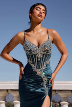 CD CM383C - Plus Size Stretch Shimmer Satin Fit & Flare Prom Gown with Crystal Accented Bodice Leg Slit & Lace Up Corset Back PROM GOWN Cinderella Divine