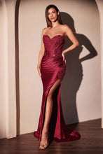 CD KV1116 - Strapless Stretch Satin Fit & Flare Prom Gown with Boned Beaded Lace Appliqued Bodice Leg Slit & Open Lace Up Back PROM GOWN Cinderella Divine 2 Burgundy