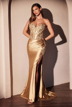 CD KV1116 - Strapless Stretch Satin Fit & Flare Prom Gown with Boned Beaded Lace Appliqued Bodice Leg Slit & Open Lace Up Back PROM GOWN Cinderella Divine 2 Gold