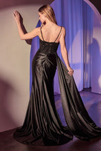 CD KV1117 - Stretch Satin Fit & Flare Prom Gown with Beaded Lace Bodice Side Sash & Leg Slit PROM GOWN Cinderella Divine
