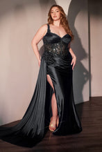 CD KV1125C - Plus Size Stretch Satin Fit & Flare Prom Gown with Sheer Beaded Floral Bodice Leg Slit & Side Sash PROM GOWN Cinderella Divine 18 Black