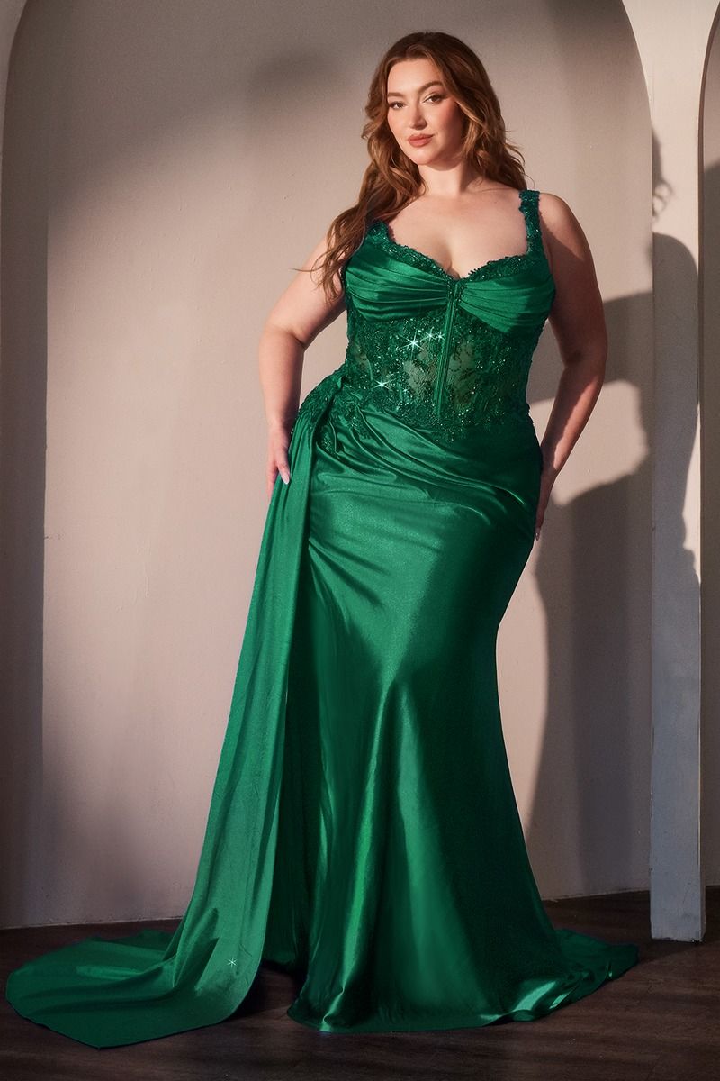 CD KV1125C - Plus Size Stretch Satin Fit & Flare Prom Gown with Sheer Beaded Floral Bodice Leg Slit & Side Sash PROM GOWN Cinderella Divine 18 Emerald