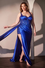 CD KV1125C - Plus Size Stretch Satin Fit & Flare Prom Gown with Sheer Beaded Floral Bodice Leg Slit & Side Sash PROM GOWN Cinderella Divine 18 Royal Blue