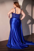 CD KV1125C - Plus Size Stretch Satin Fit & Flare Prom Gown with Sheer Beaded Floral Bodice Leg Slit & Side Sash PROM GOWN Cinderella Divine