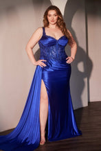 CD KV1125C - Plus Size Stretch Satin Fit & Flare Prom Gown with Sheer Beaded Floral Bodice Leg Slit & Side Sash PROM GOWN Cinderella Divine