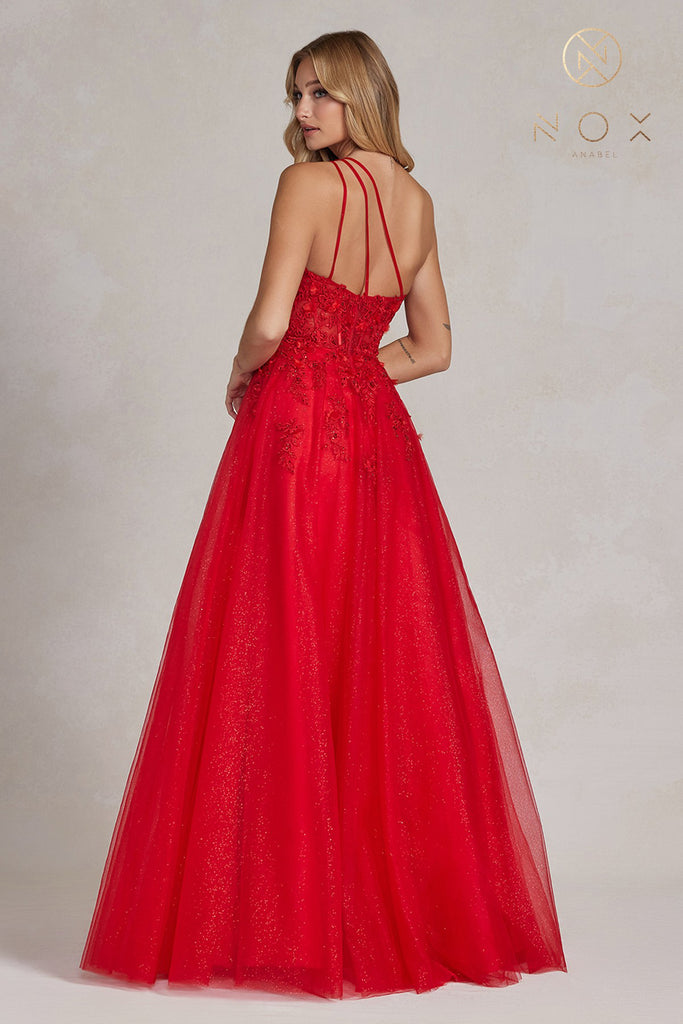 N T1143 - One Shoulder A-Line Prom Gown with Sheer Beaded Lace Bodice  Strappy Back & Shimmer Tulle Skirt