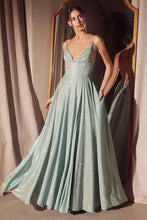 CD T214 - Shimmering Jersey A-Line Prom Gown with Plunging V-Neck & Open Lace Up Corset Back PROM GOWN Cinderella Divine XXS Sage
