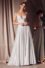 CD T214 - Shimmering Jersey A-Line Prom Gown with Plunging V-Neck & Open Lace Up Corset Back PROM GOWN Cinderella Divine XXS Silver