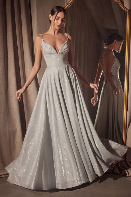 CD T214 - Shimmering Jersey A-Line Prom Gown with Plunging V-Neck & Open Lace Up Corset Back PROM GOWN Cinderella Divine