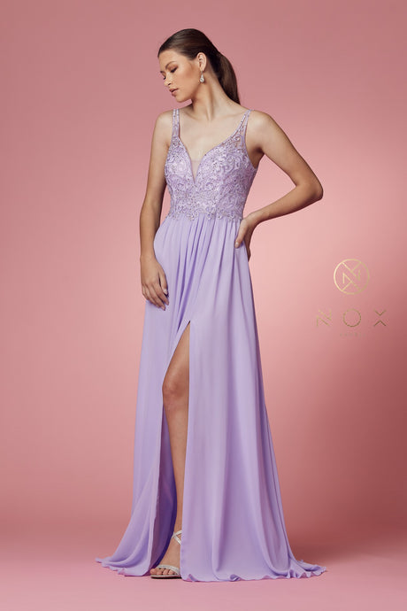 N Y299 - A-Line Prom Gown with Beaded Lace Bodice Leg Slit & Flowy Chiffon Skirt PROM GOWN Nox   
