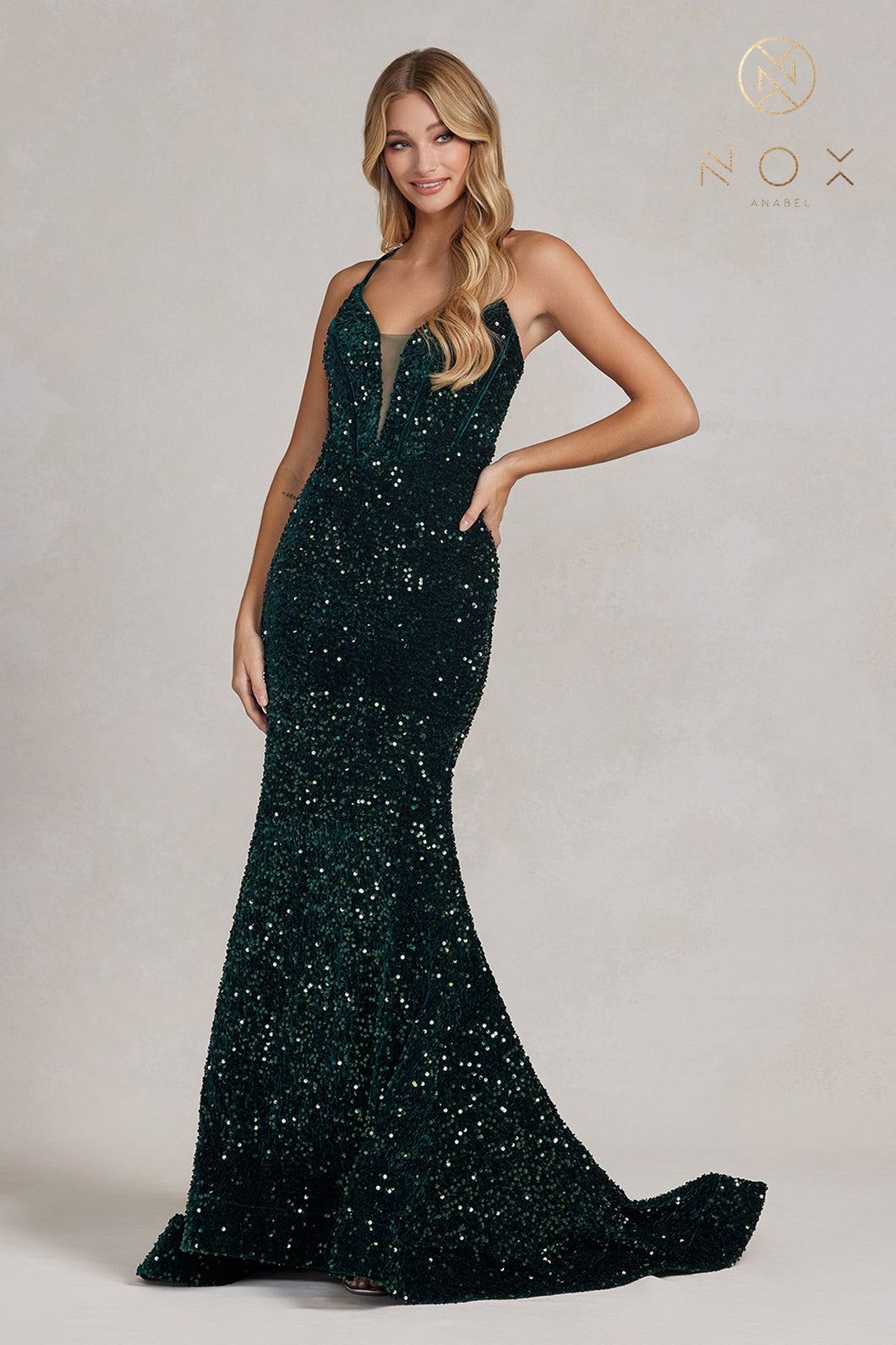N C1109 - Full Sequin Fit & Flare Prom Gown with Corset Back PROM GOWN Nox 00 GREEN