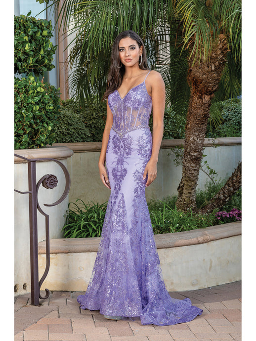 DQ 4118 - Glitter Print Fit & Flare Prom Gown with Sheer Boned Corset Bodice & Spaghetti Straps Prom Dress Dancing Queen XS LILAC 